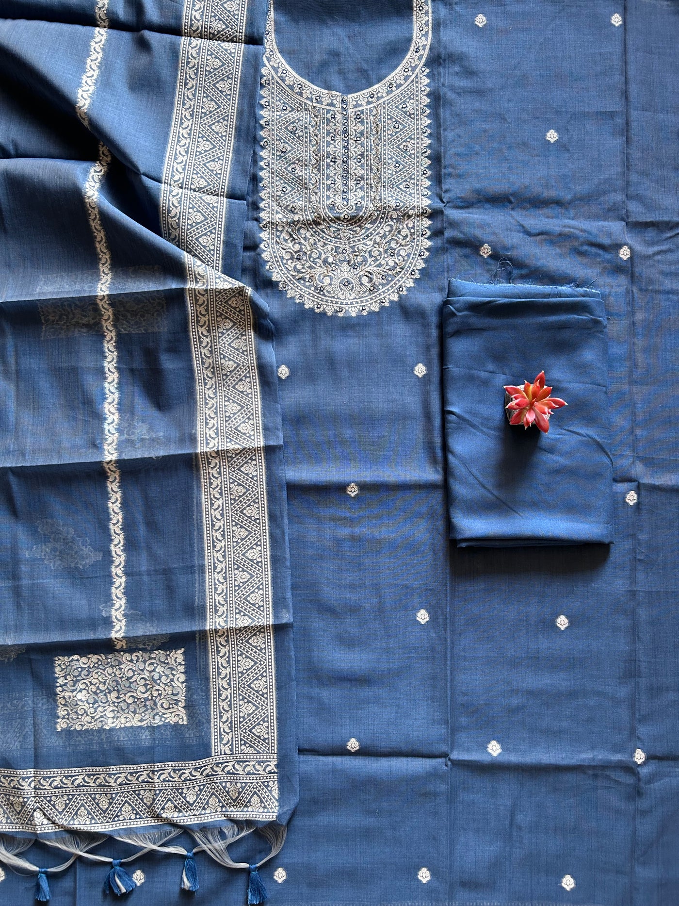 BLUE MELODY: INDIGO,BENGAL JAMDANI INSPIRED MUSLIN SILK 3 PIECE SUIT SET