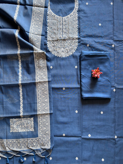 BLUE MELODY: INDIGO,BENGAL JAMDANI INSPIRED MUSLIN SILK 3 PIECE SUIT SET