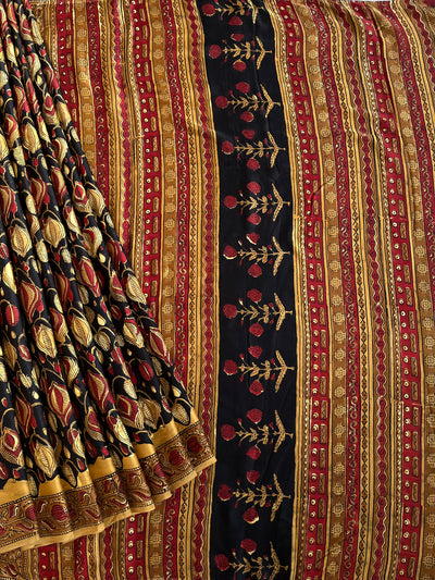 Himani: HANDBLOCK BAGRU PRINTED ICE BLUE MODAL SILK SAREE