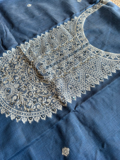BLUE MELODY: INDIGO,BENGAL JAMDANI INSPIRED MUSLIN SILK 3 PIECE SUIT SET