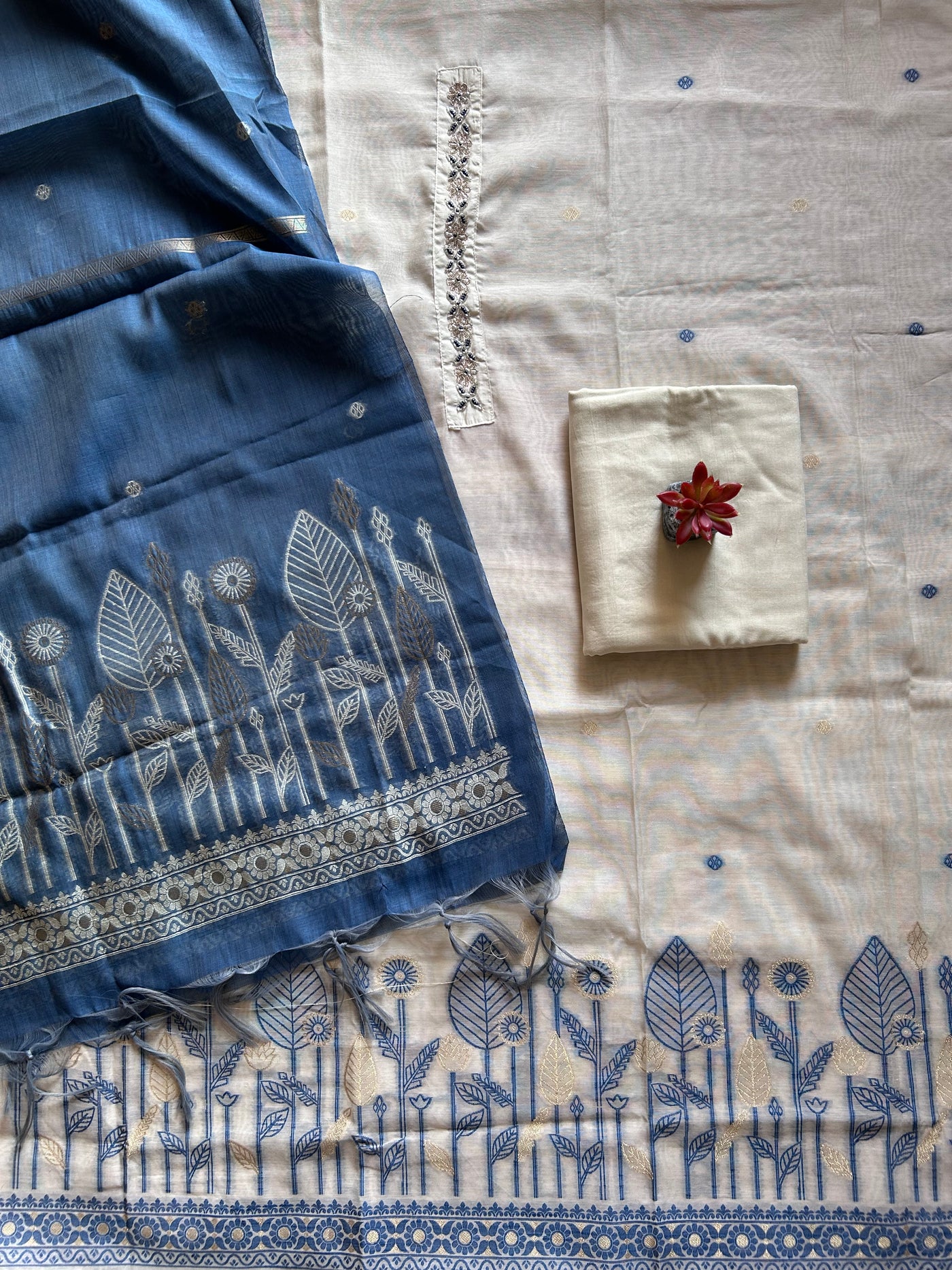 NEEL-KAMAL: INDIGO,BENGAL JAMDANI INSPIRED MUSLIN SILK 3 PIECE SUIT SET