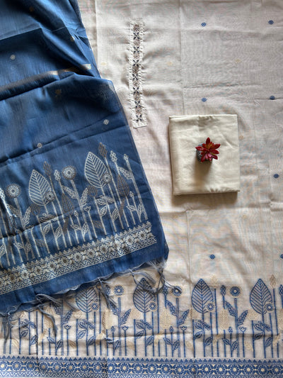 NEEL-KAMAL: INDIGO,BENGAL JAMDANI INSPIRED MUSLIN SILK 3 PIECE SUIT SET