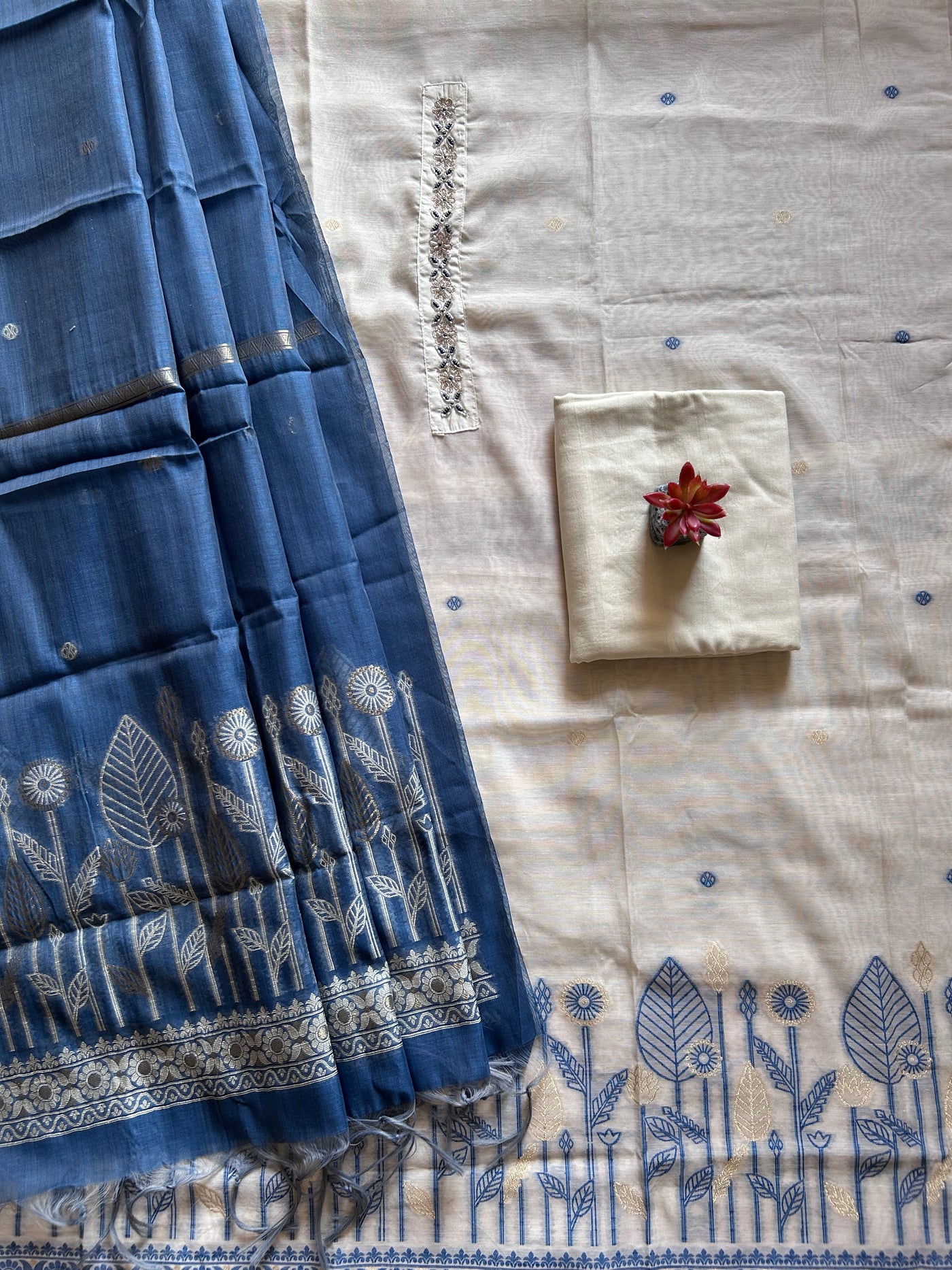 NEEL-KAMAL: INDIGO,BENGAL JAMDANI INSPIRED MUSLIN SILK 3 PIECE SUIT SET