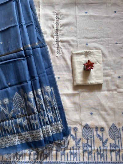 NEEL-KAMAL: INDIGO,BENGAL JAMDANI INSPIRED MUSLIN SILK 3 PIECE SUIT SET