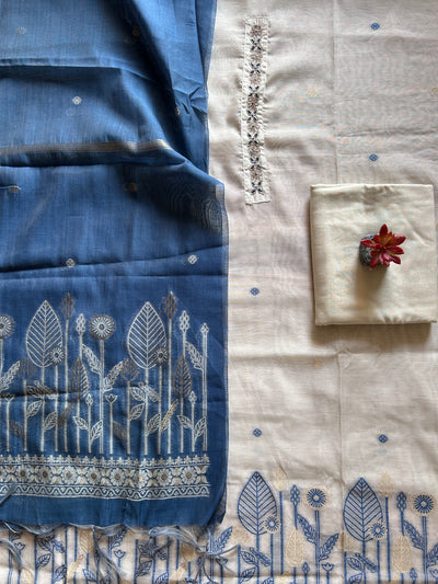 NEEL-KAMAL: INDIGO,BENGAL JAMDANI INSPIRED MUSLIN SILK 3 PIECE SUIT SET