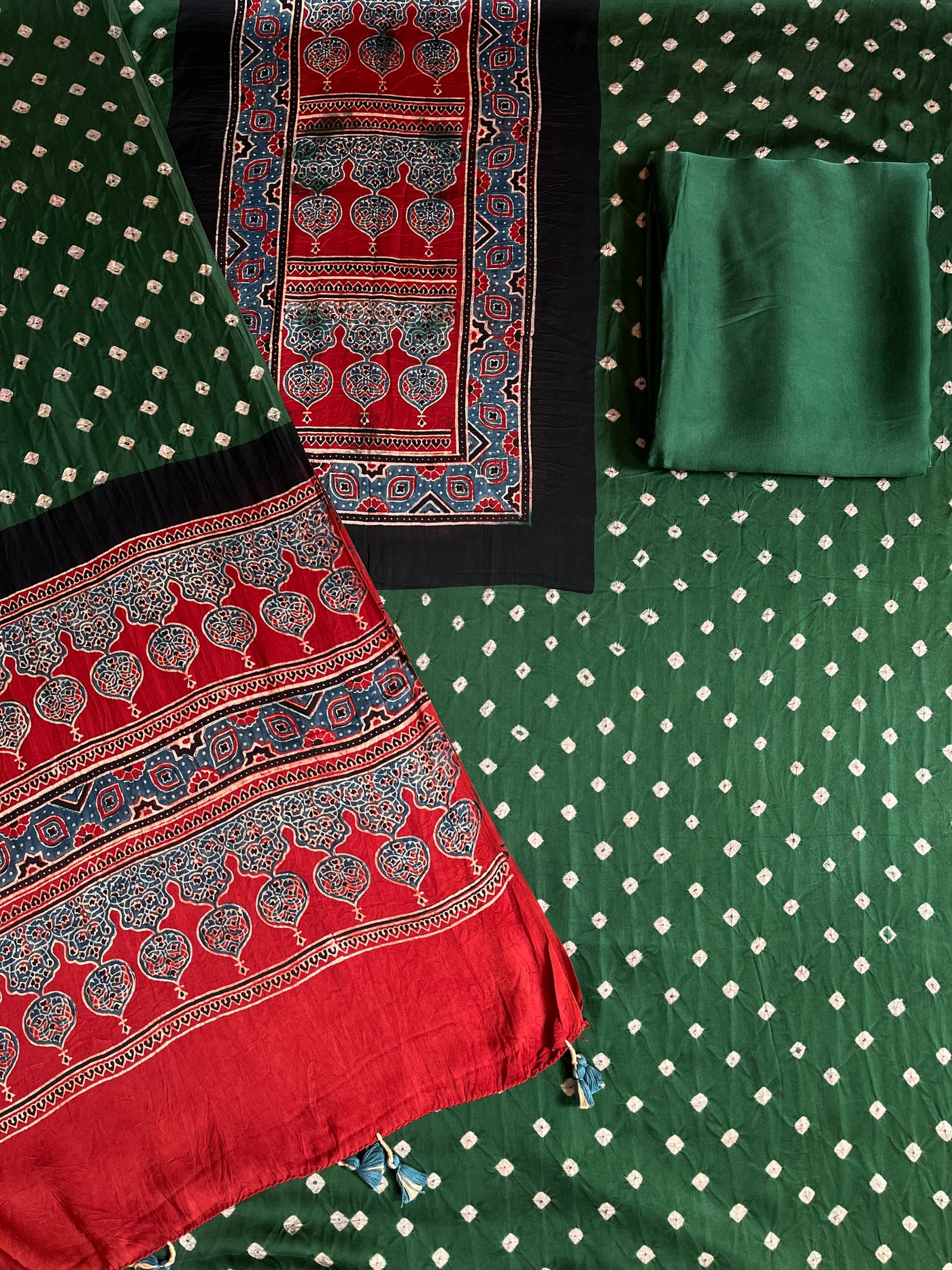 FIZA: HANDMADE BANDHANI-AJRAKH MODAL SILK 3 PIECE SUIT SET