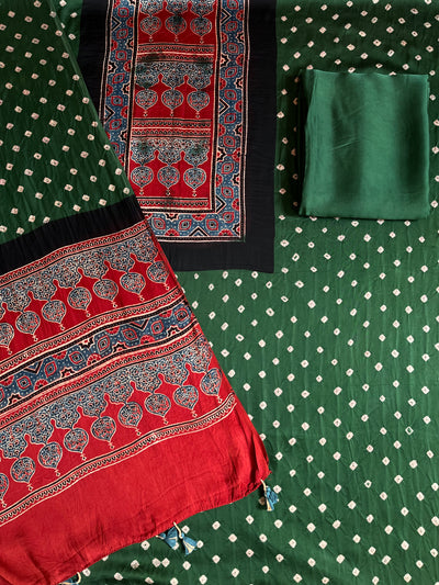 FIZA: HANDMADE BANDHANI-AJRAKH MODAL SILK 3 PIECE SUIT SET
