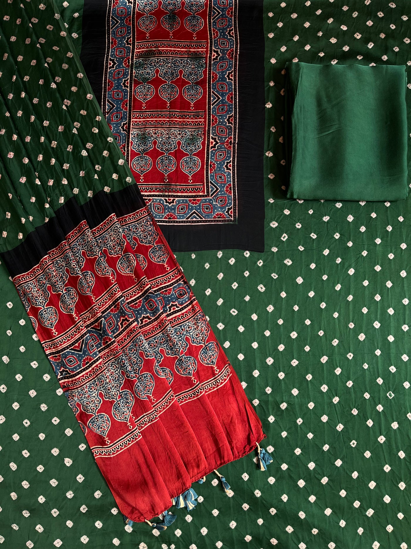FIZA: HANDMADE BANDHANI-AJRAKH MODAL SILK 3 PIECE SUIT SET