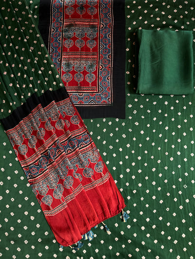 FIZA: HANDMADE BANDHANI-AJRAKH MODAL SILK 3 PIECE SUIT SET