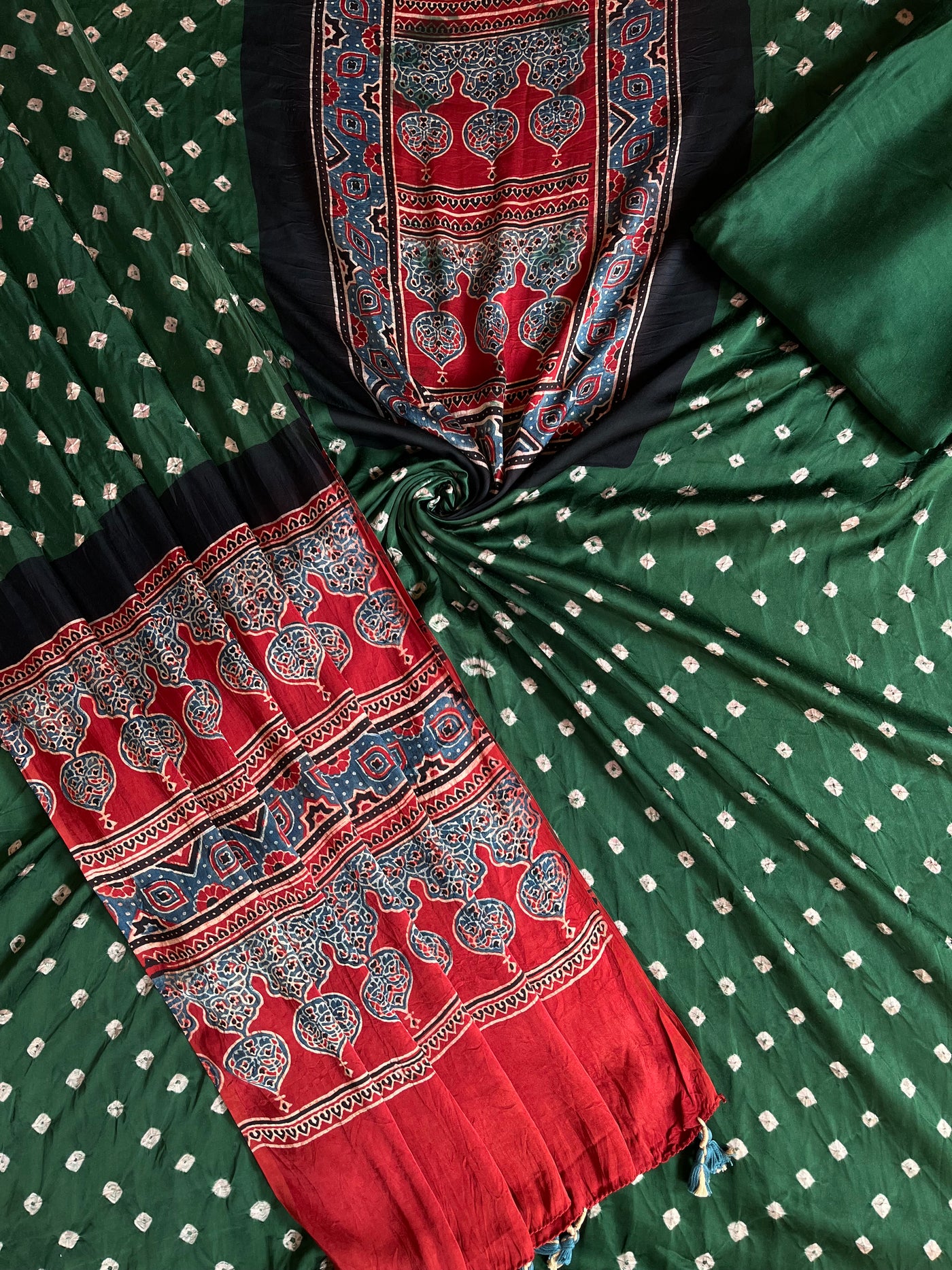FIZA: HANDMADE BANDHANI-AJRAKH MODAL SILK 3 PIECE SUIT SET