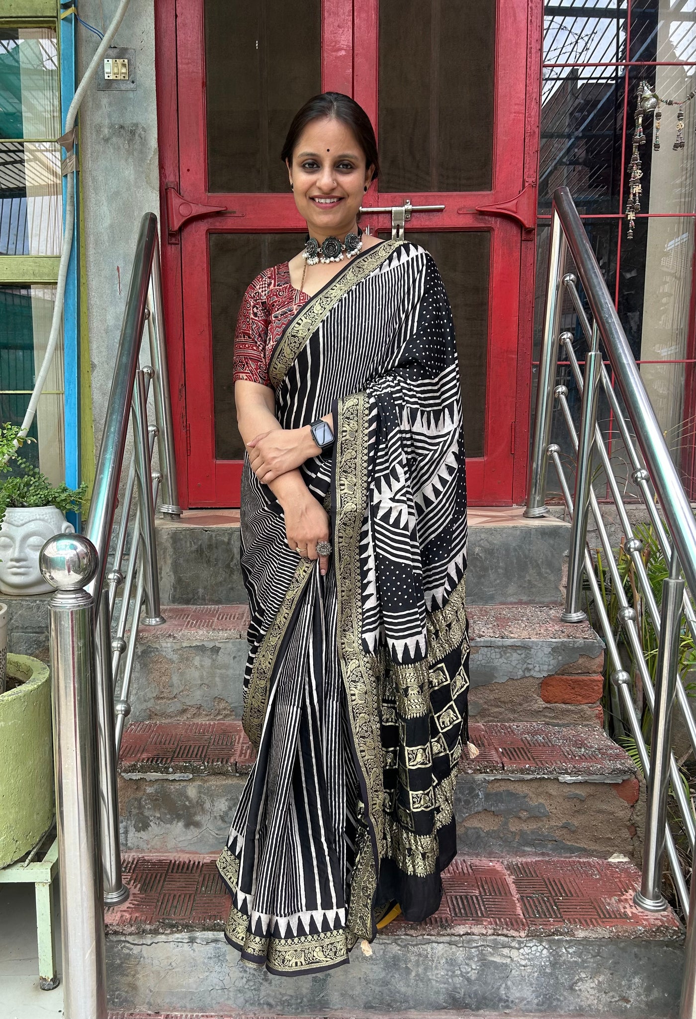 BADHAAI : Handblock Printed Ajrakh Modal Silk Meenakari Pallu Saree