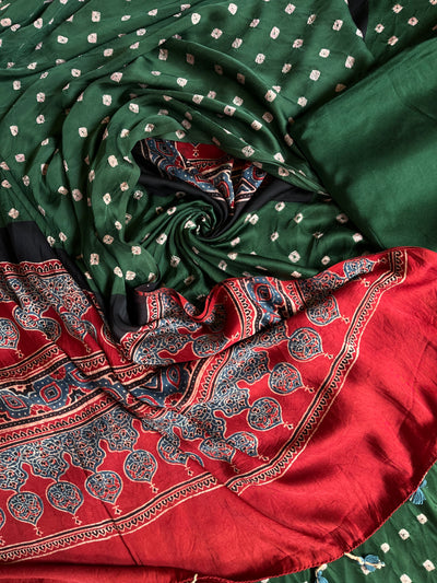 FIZA: HANDMADE BANDHANI-AJRAKH MODAL SILK 3 PIECE SUIT SET