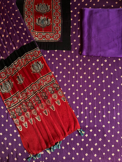 POORVI: HANDMADE RAMA GREEN BANDHANI-AJRAKH MODAL SILK 3 PIECE SUIT SET