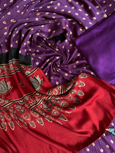 POORVI: HANDMADE RAMA GREEN BANDHANI-AJRAKH MODAL SILK 3 PIECE SUIT SET