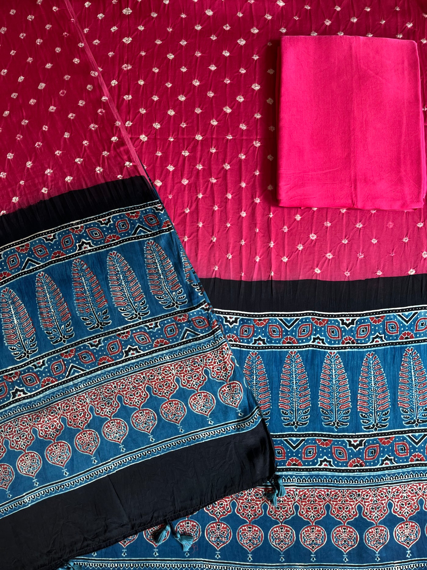 MANASVANI: HANDMADE BANDHANI-AJRAKH MODAL SILK 3 PIECE SUIT SET