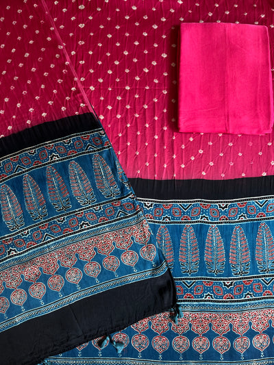 MANASVANI: HANDMADE BANDHANI-AJRAKH MODAL SILK 3 PIECE SUIT SET