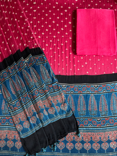 MANASVANI: HANDMADE BANDHANI-AJRAKH MODAL SILK 3 PIECE SUIT SET