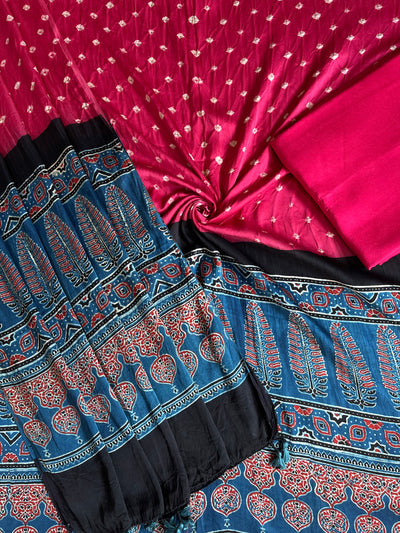 MANASVANI: HANDMADE BANDHANI-AJRAKH MODAL SILK 3 PIECE SUIT SET