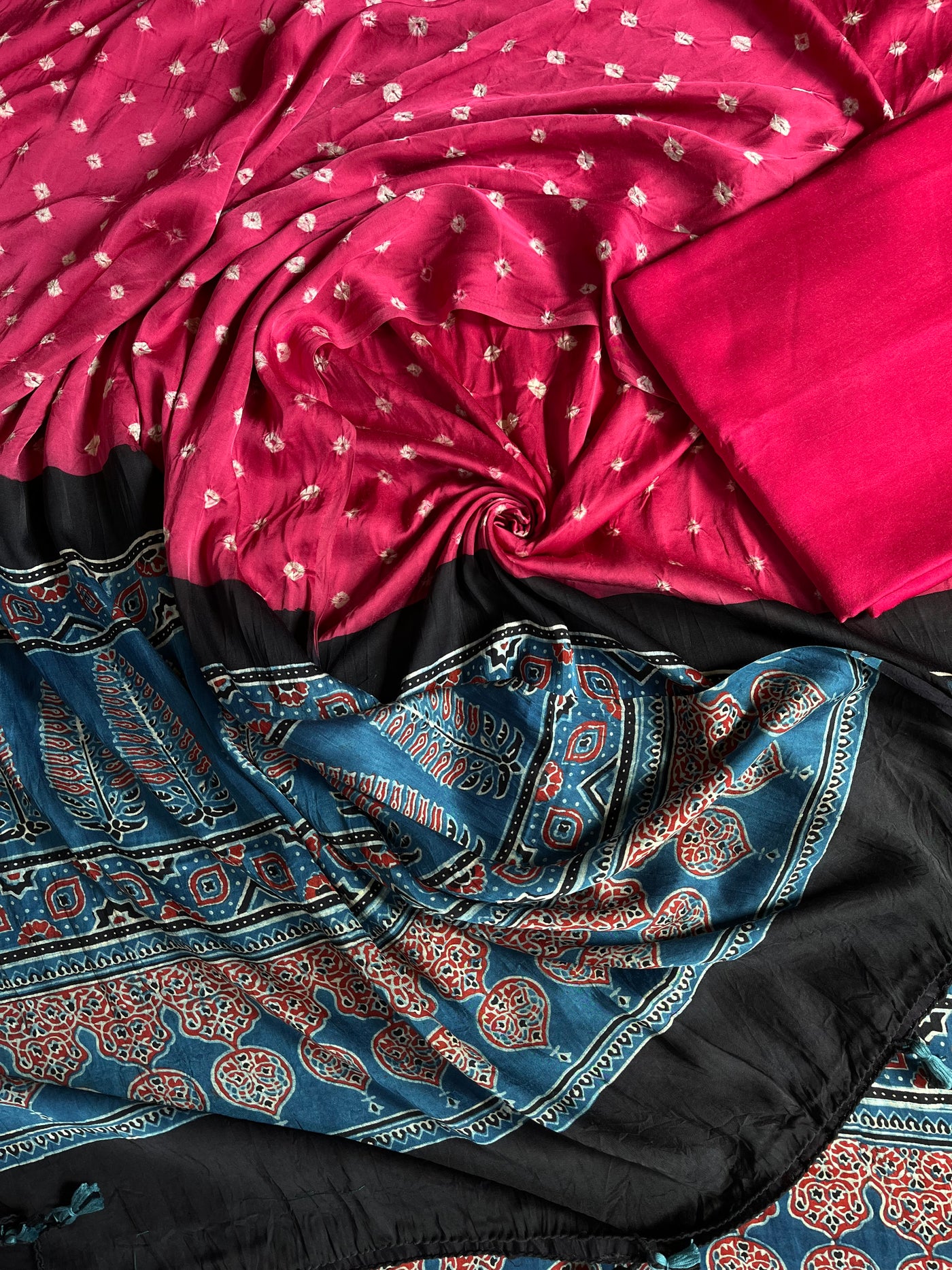 MANASVANI: HANDMADE BANDHANI-AJRAKH MODAL SILK 3 PIECE SUIT SET