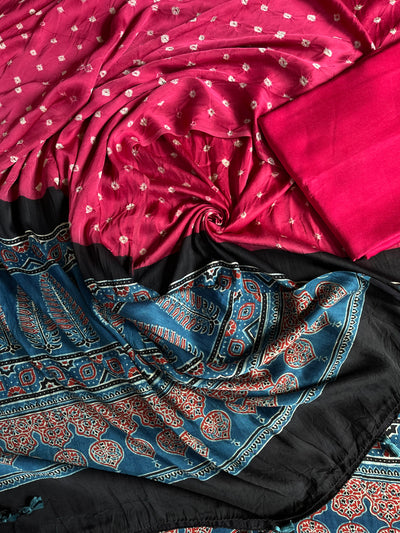 MANASVANI: HANDMADE BANDHANI-AJRAKH MODAL SILK 3 PIECE SUIT SET