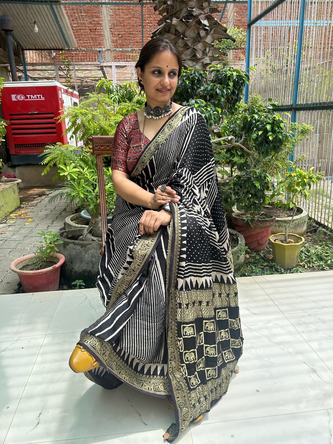 BADHAAI : Handblock Printed Ajrakh Modal Silk Meenakari Pallu Saree