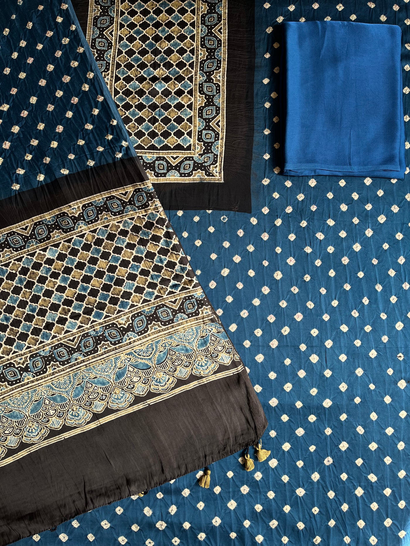 NAVMI : HANDMADE BANDHANI-AJRAKH MODAL SILK 3 PIECE SUIT SET