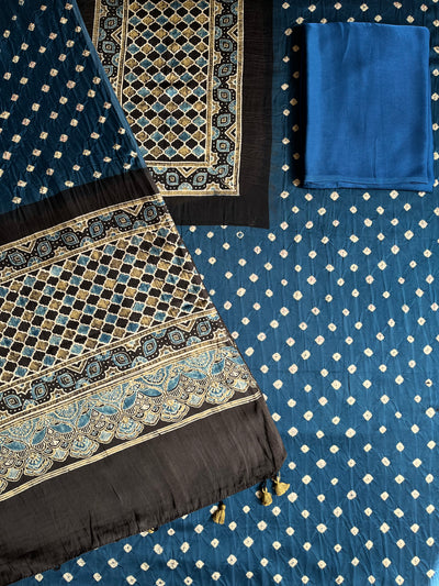 NAVMI : HANDMADE BANDHANI-AJRAKH MODAL SILK 3 PIECE SUIT SET