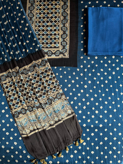 NAVMI : HANDMADE BANDHANI-AJRAKH MODAL SILK 3 PIECE SUIT SET