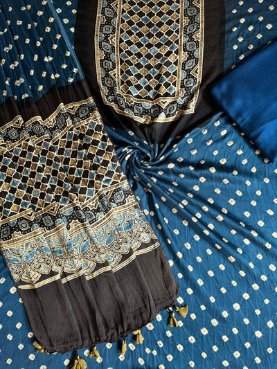 NAVMI : HANDMADE BANDHANI-AJRAKH MODAL SILK 3 PIECE SUIT SET