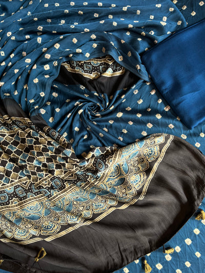 NAVMI : HANDMADE BANDHANI-AJRAKH MODAL SILK 3 PIECE SUIT SET