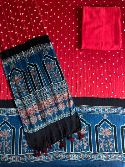 NAYANATARA : HANDMADE BANDHANI-AJRAKH MODAL SILK 3 PIECE SUIT SET