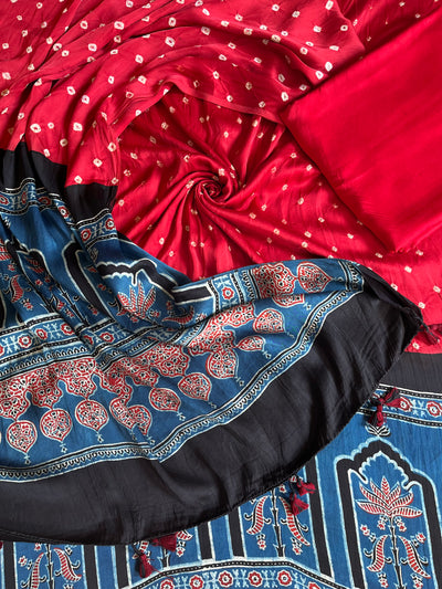 NAYANATARA : HANDMADE BANDHANI-AJRAKH MODAL SILK 3 PIECE SUIT SET