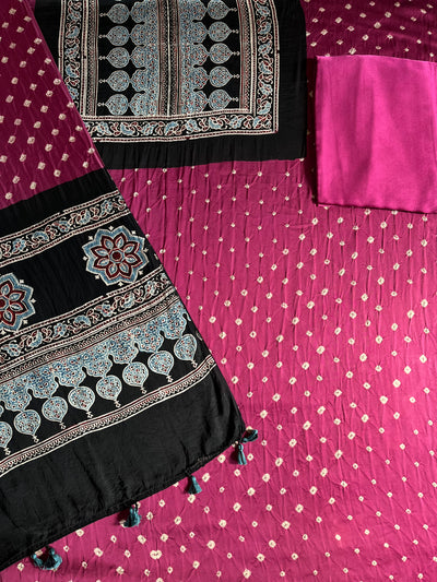 CHANDNI : HANDMADE BANDHANI-AJRAKH MODAL SILK 3 PIECE SUIT SET