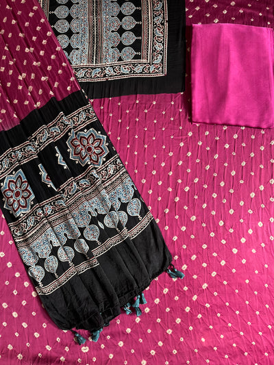 CHANDNI : HANDMADE BANDHANI-AJRAKH MODAL SILK 3 PIECE SUIT SET