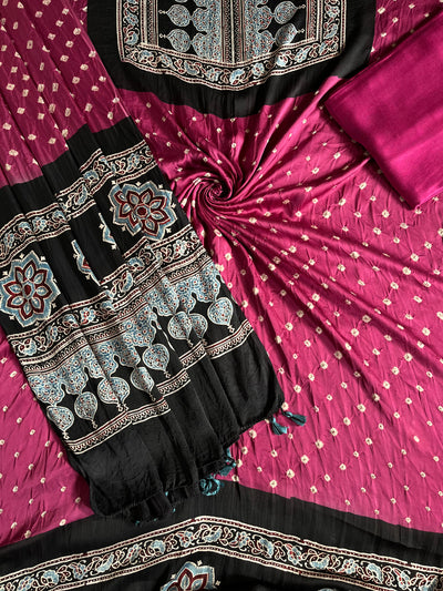 CHANDNI : HANDMADE BANDHANI-AJRAKH MODAL SILK 3 PIECE SUIT SET
