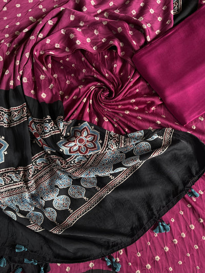 CHANDNI : HANDMADE BANDHANI-AJRAKH MODAL SILK 3 PIECE SUIT SET