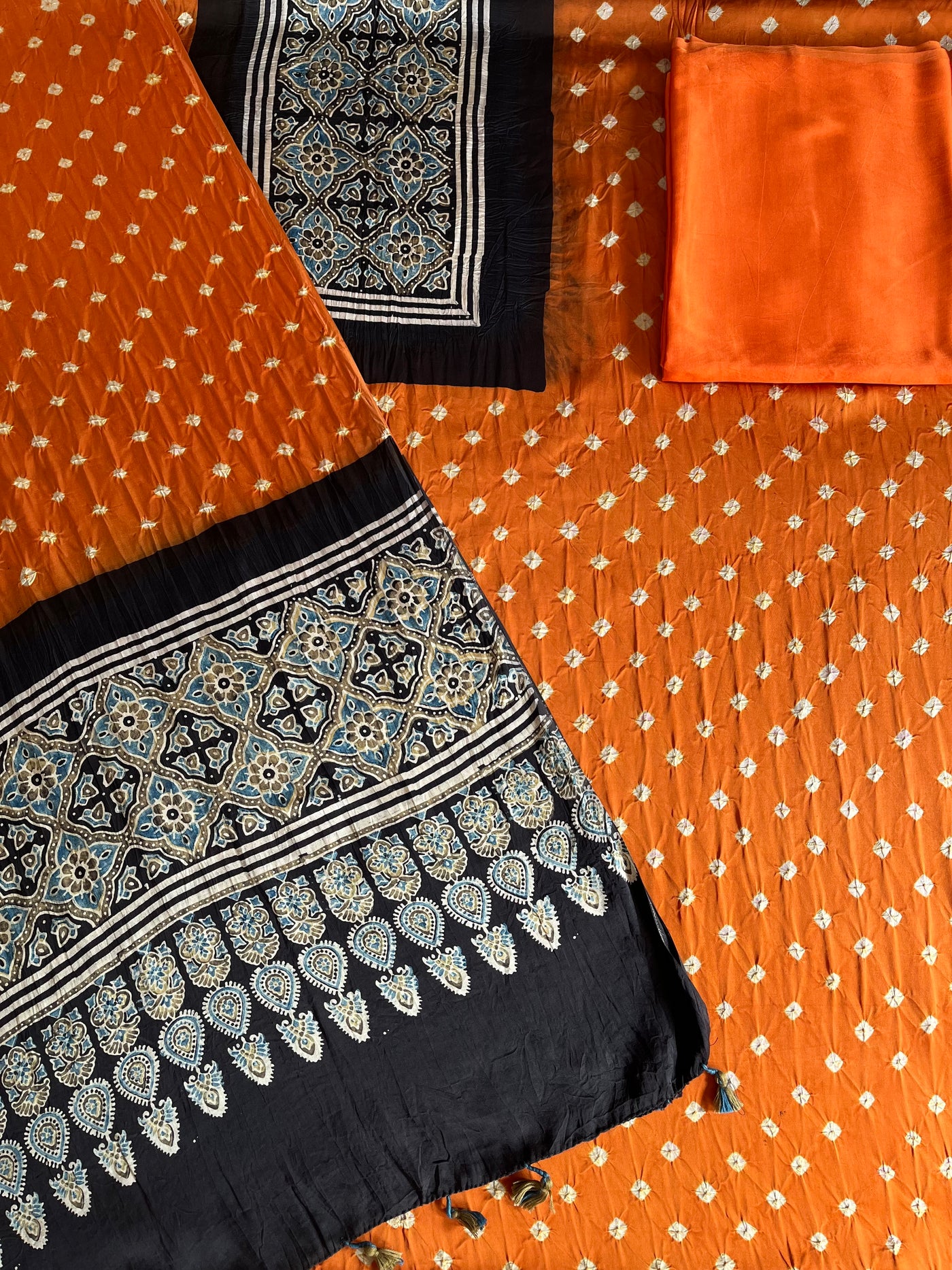 DHANAK : HANDMADE BANDHANI-AJRAKH MODAL SILK 3 PIECE SUIT SET