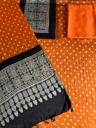 DHANAK : HANDMADE BANDHANI-AJRAKH MODAL SILK 3 PIECE SUIT SET