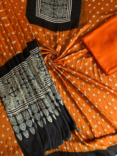 DHANAK : HANDMADE BANDHANI-AJRAKH MODAL SILK 3 PIECE SUIT SET