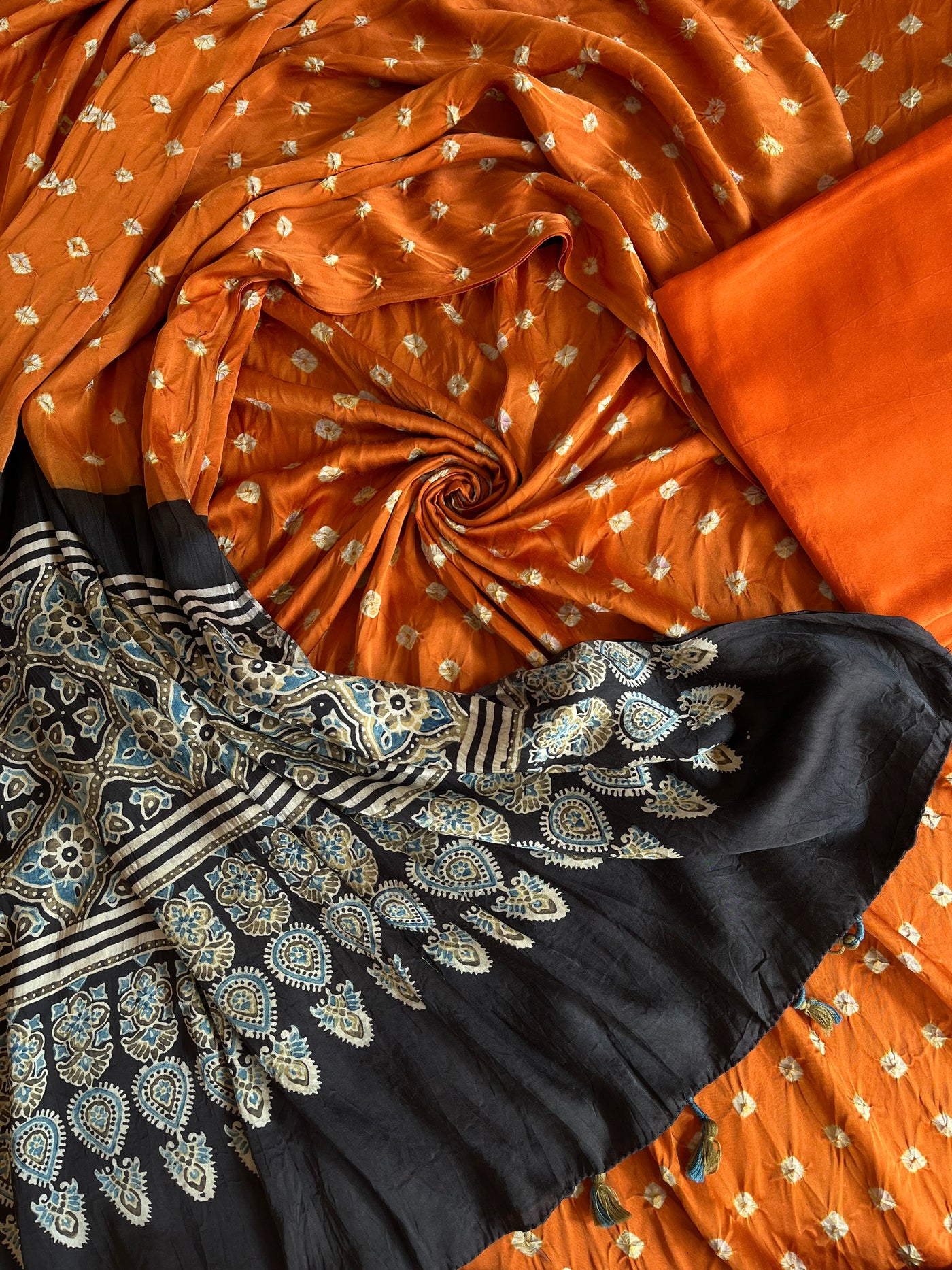 DHANAK : HANDMADE BANDHANI-AJRAKH MODAL SILK 3 PIECE SUIT SET