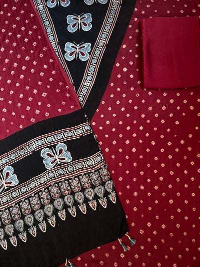 KAVERI : HANDMADE BANDHANI-AJRAKH MODAL SILK 3 PIECE SUIT SET