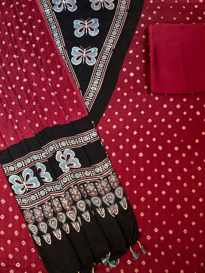 KAVERI : HANDMADE BANDHANI-AJRAKH MODAL SILK 3 PIECE SUIT SET