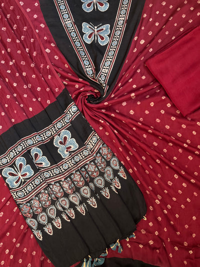 KAVERI : HANDMADE BANDHANI-AJRAKH MODAL SILK 3 PIECE SUIT SET