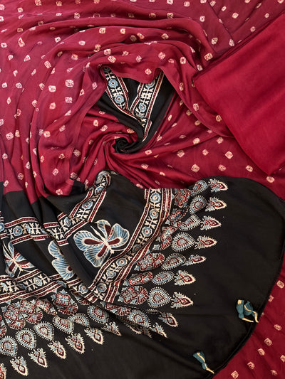 KAVERI : HANDMADE BANDHANI-AJRAKH MODAL SILK 3 PIECE SUIT SET