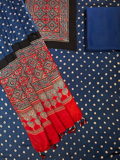 SANYUKTA : HANDMADE BANDHANI-AJRAKH MODAL SILK 3 PIECE SUIT SET