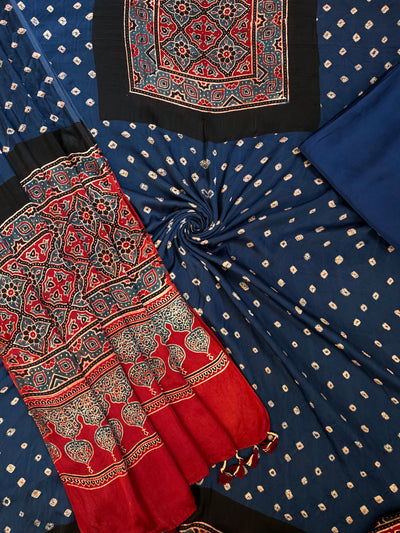 SANYUKTA : HANDMADE BANDHANI-AJRAKH MODAL SILK 3 PIECE SUIT SET