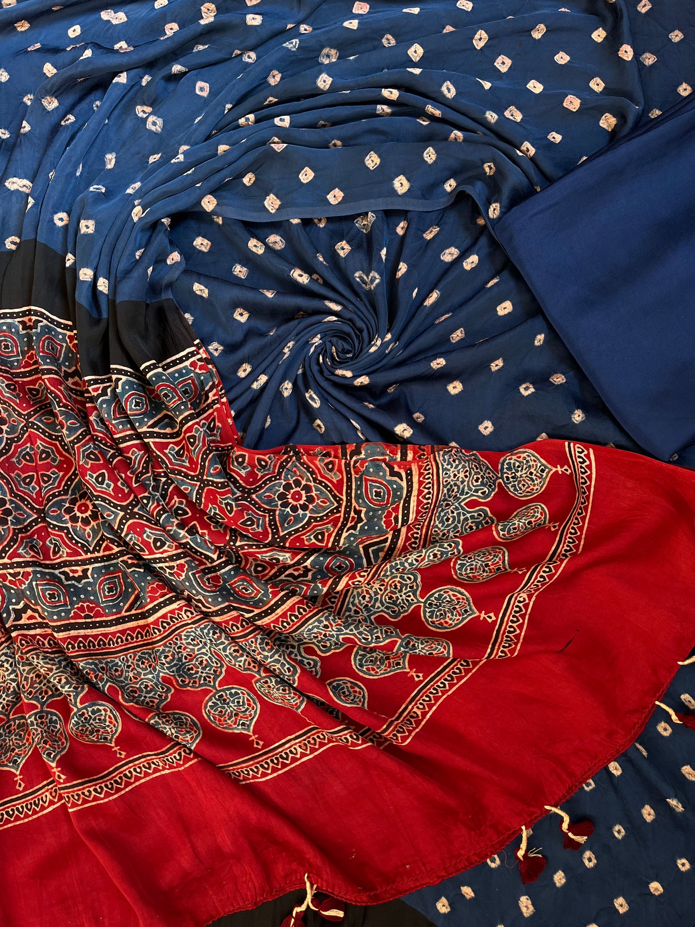 SANYUKTA : HANDMADE BANDHANI-AJRAKH MODAL SILK 3 PIECE SUIT SET