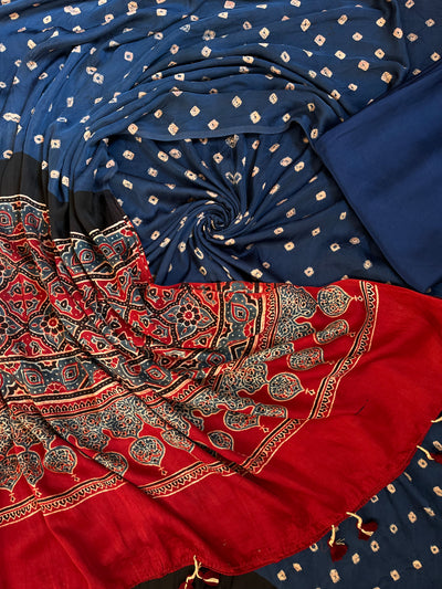 SANYUKTA : HANDMADE BANDHANI-AJRAKH MODAL SILK 3 PIECE SUIT SET