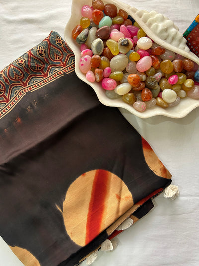 JANKI: Handmade Clamp Dyed- Ajrakh Modal Silk Saree