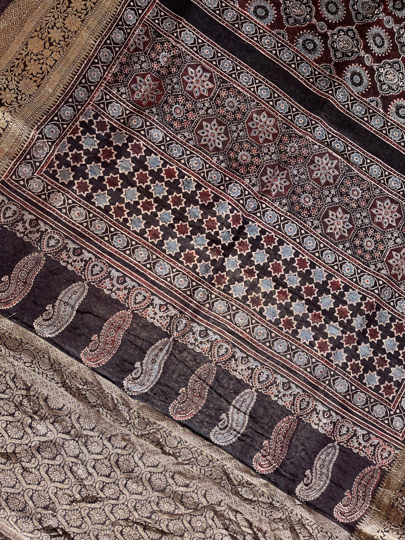 SHANTI: HANDBLOCK AJRAKH PURE SILK-LINEN SAREE with MEENAKARI BORDER